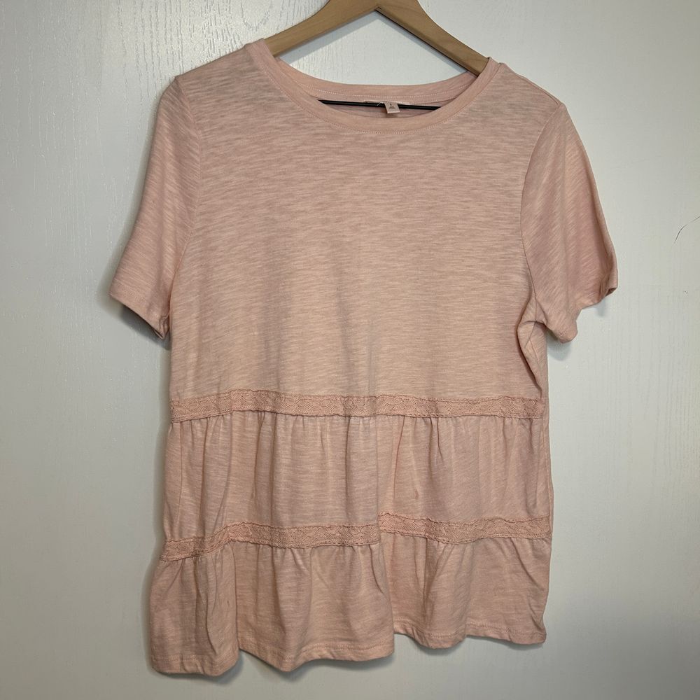 Como Vintage Blush Pink Tiered Lace Trim T-Shirt Boho Chic Summer Top L B4